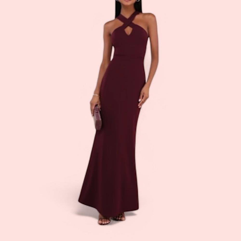 Lulu’s Wine Red Cutout Halter Bodycon Mermaid Maxi Gown Size Medium